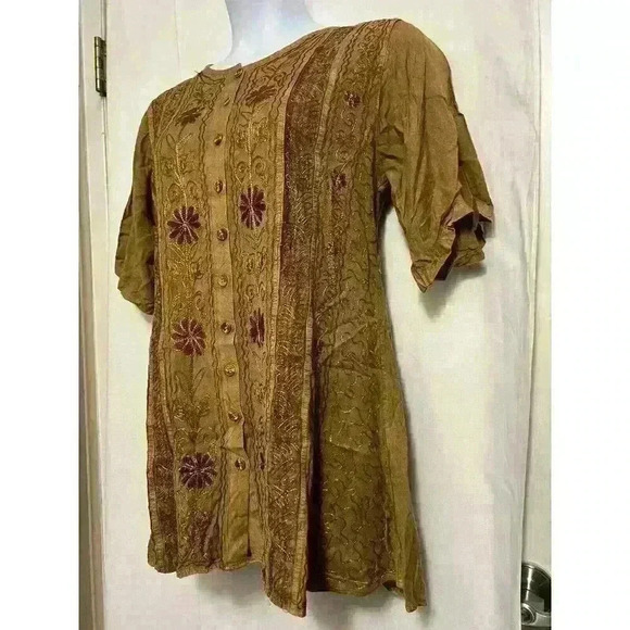 Womens India Pakistan Golden Long Shirt Embroidered 1/2 Sleeve Tie Back Mid 0067 - Picture 4 of 8